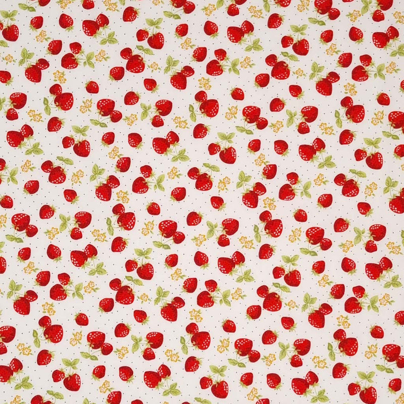 Ditsy red strawberries printed on an ivory cotton poplin fabric