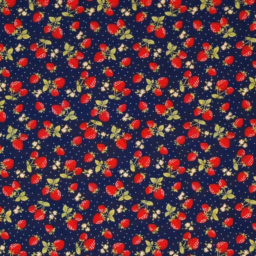 Ditsy Strawberries - 100% Cotton Poplin - Navy – Fabric Love