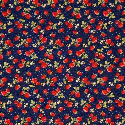 Ditsy red strawberries printed on a navy cotton poplin fabric