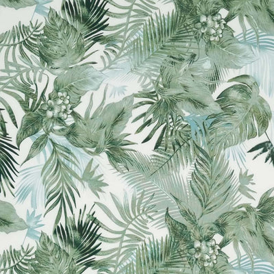 Forest green leaves are printed on an ivory cotton poplin by Rose & Hubble