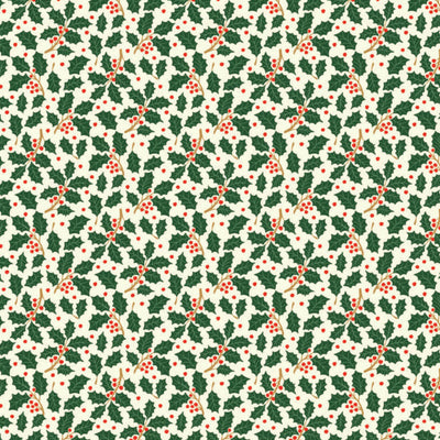 Pattern of green holly leaves and red berries on a white cotton quilting fabric.
