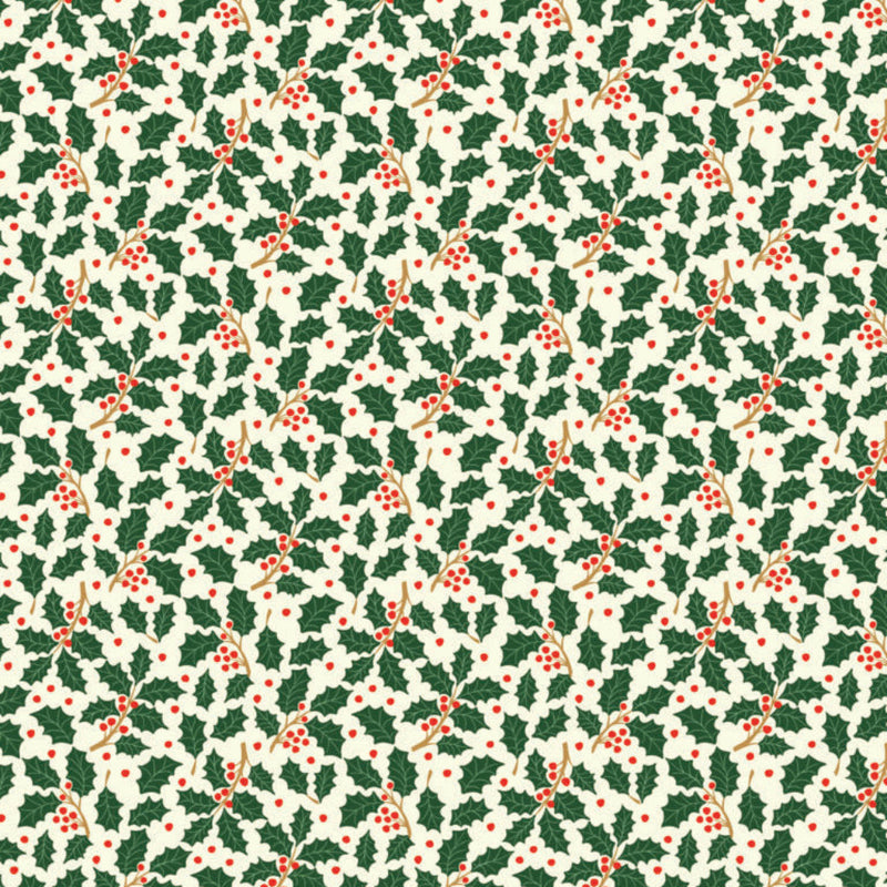 Pattern of green holly leaves and red berries on a white cotton quilting fabric.
