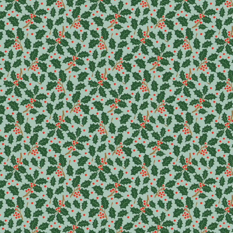 Pattern of green holly leaves and red berries on a light blue cotton quilting fabric.