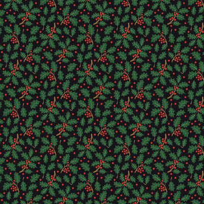 Pattern of green holly leaves and red berries on a black cotton quilting fabric.