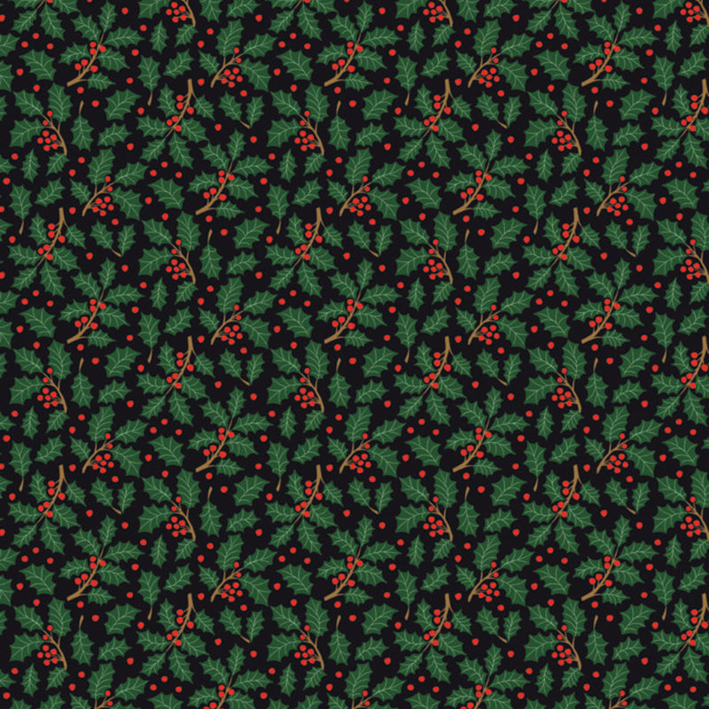 Pattern of green holly leaves and red berries on a black cotton quilting fabric.