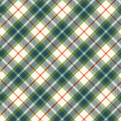 Tartan pattern with green, red, and white colors on a fabric cotton quilting fabric.