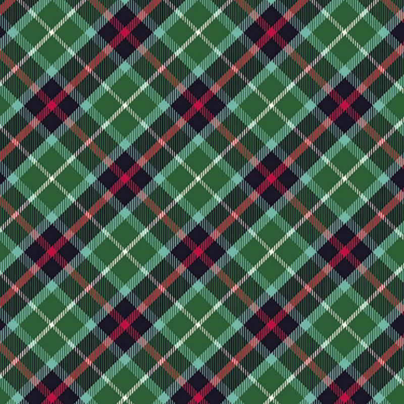Tartan pattern with green, red, and black colours on a cotton quilting fabric
