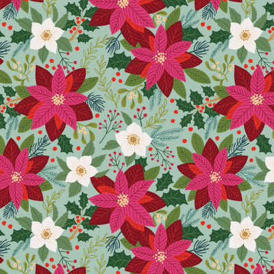 Pattern of pink poinsettias, green leaves, and white flowers on a light blue cotton quilting fabric