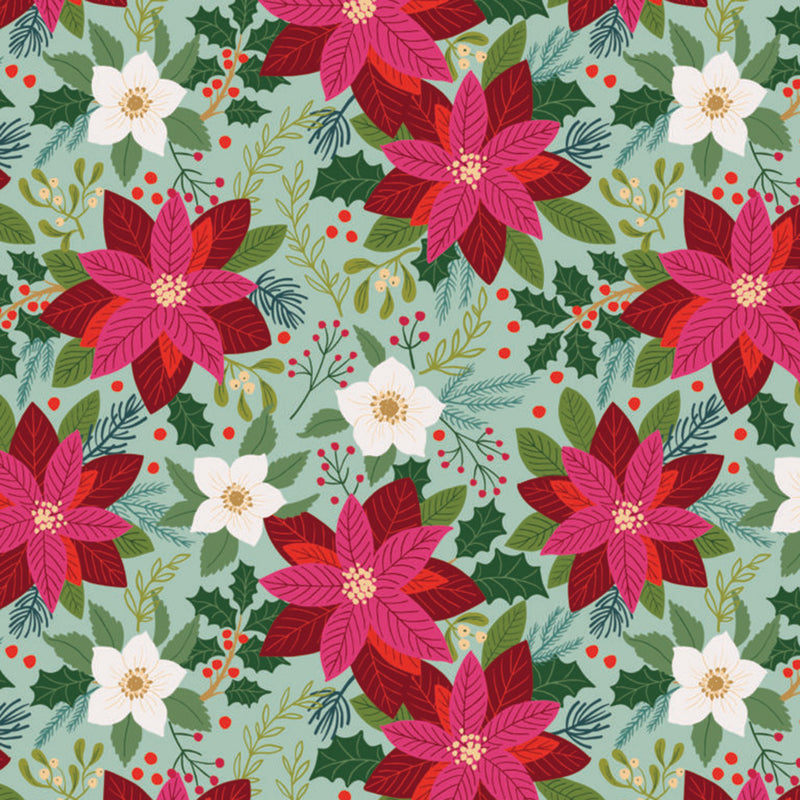 Pattern of pink poinsettias, green leaves, and white flowers on a light blue cotton quilting fabric