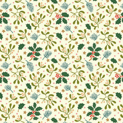 Christmas-themed pattern with holly leaves, mistletoe, and berries on a light cotton quilting fabric