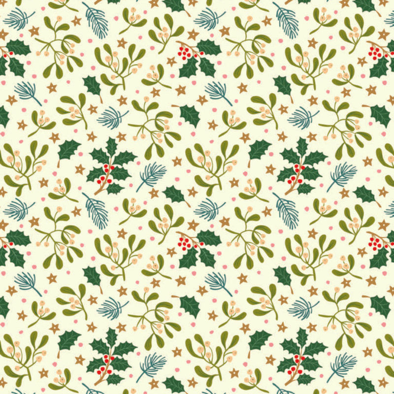 Christmas-themed pattern with holly leaves, mistletoe, and berries on a light cotton quilting fabric