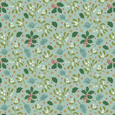 Christmas-themed pattern with mistletoe, holly, and berries on a light blue cotton quilting fabric