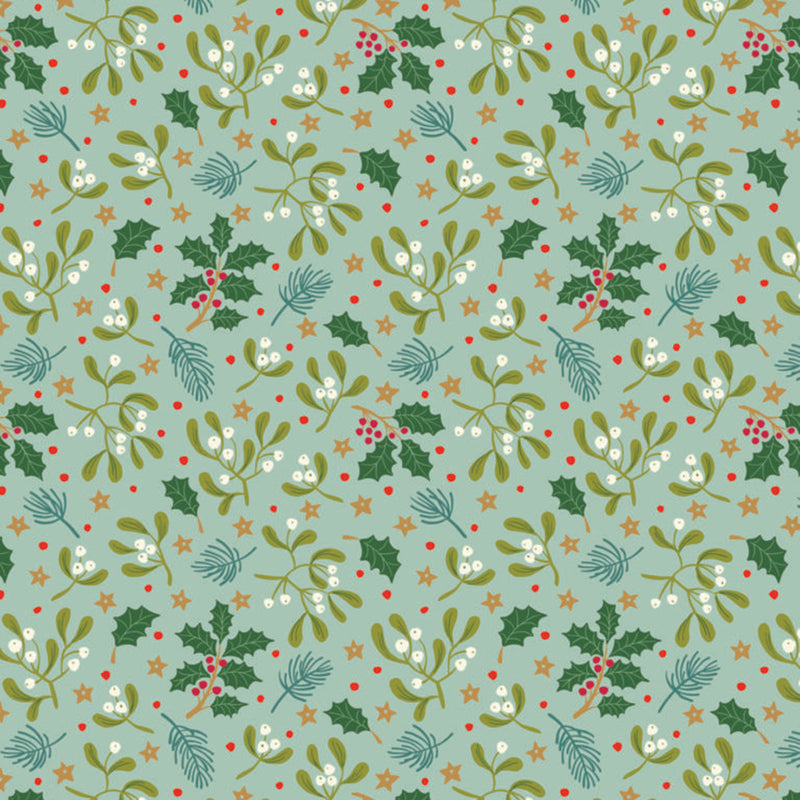 Christmas-themed pattern with mistletoe, holly, and berries on a light blue cotton quilting fabric