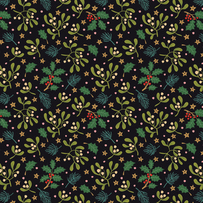 Christmas-themed pattern with holly leaves, berries, and stars on a black cotton quilting fabric.