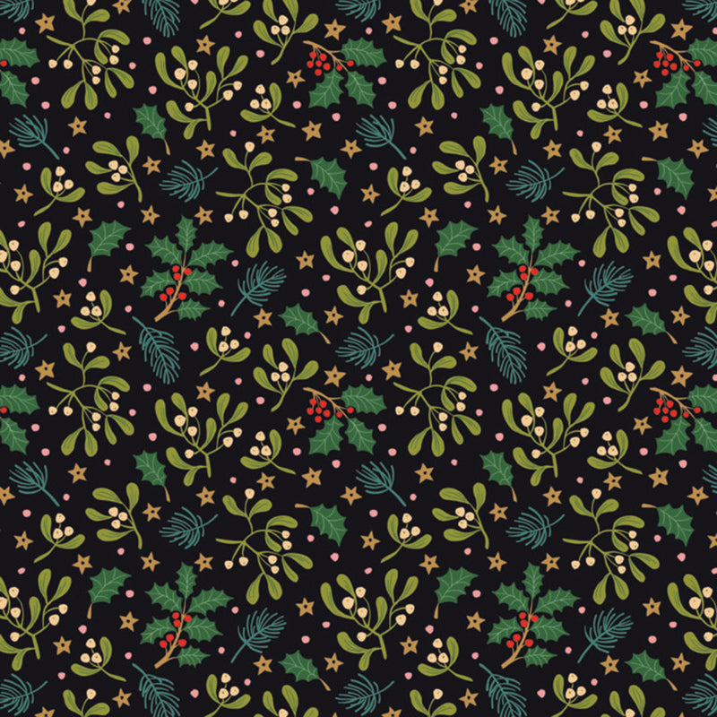 Christmas-themed pattern with holly leaves, berries, and stars on a black cotton quilting fabric.