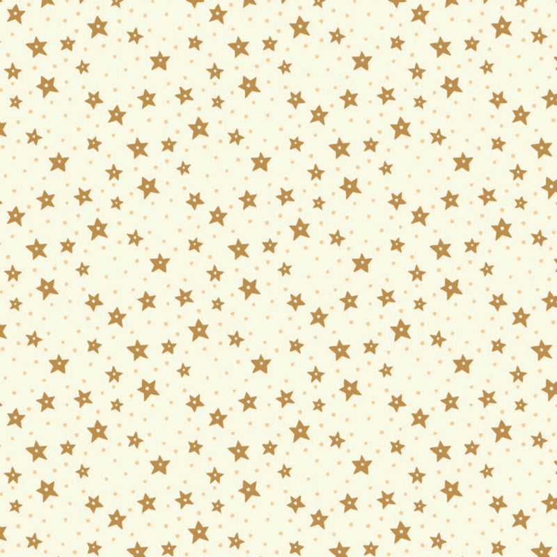 Pattern of small gold stars on a beige cotton quilting fabric