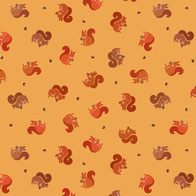 Pattern of cartoon squirrels on a yellow cotton quilting fabric