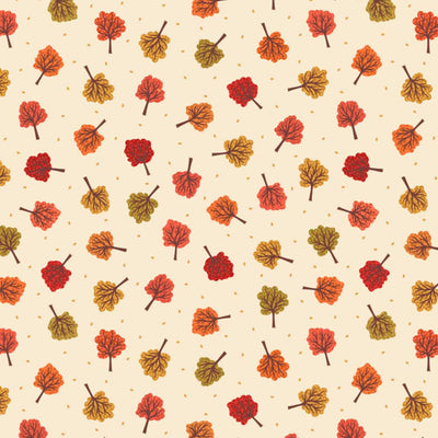 Pattern of colorful autumn leaves on a beige cotton quilting fabric