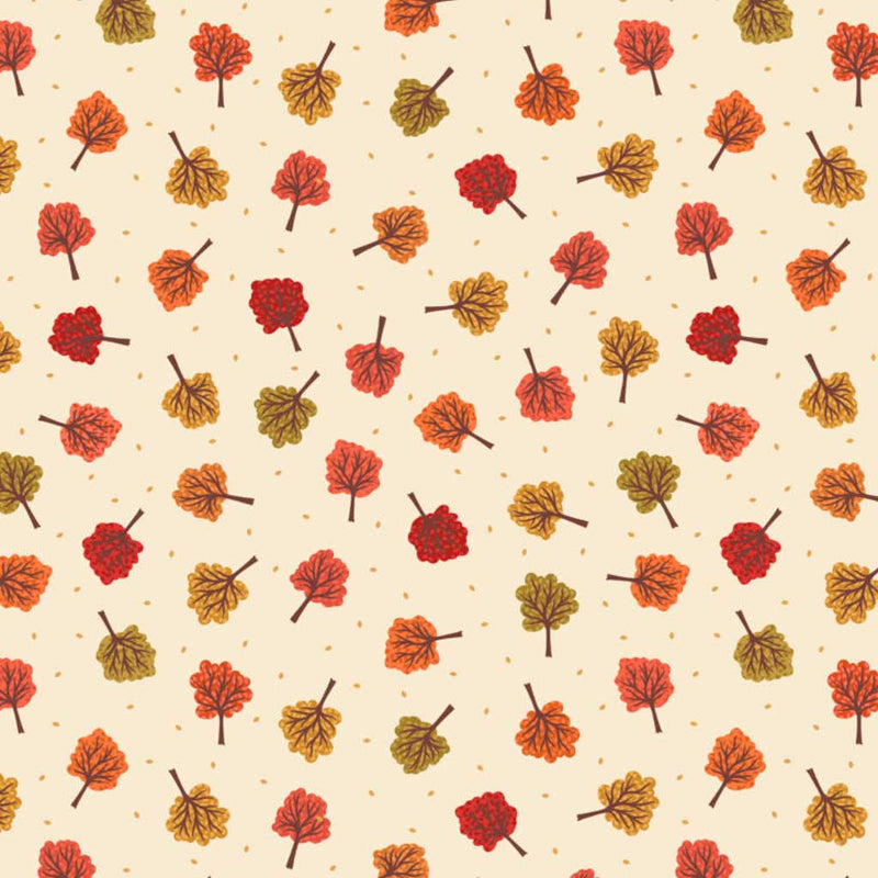 Pattern of colorful autumn leaves on a beige cotton quilting fabric