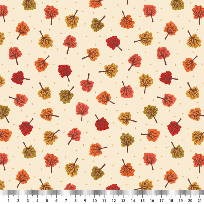 Pattern of autumn leaves on a beige background with a ruler at the bottom.