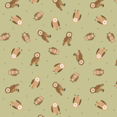 Pattern of cartoon owls on a light green cotton quilting fabric