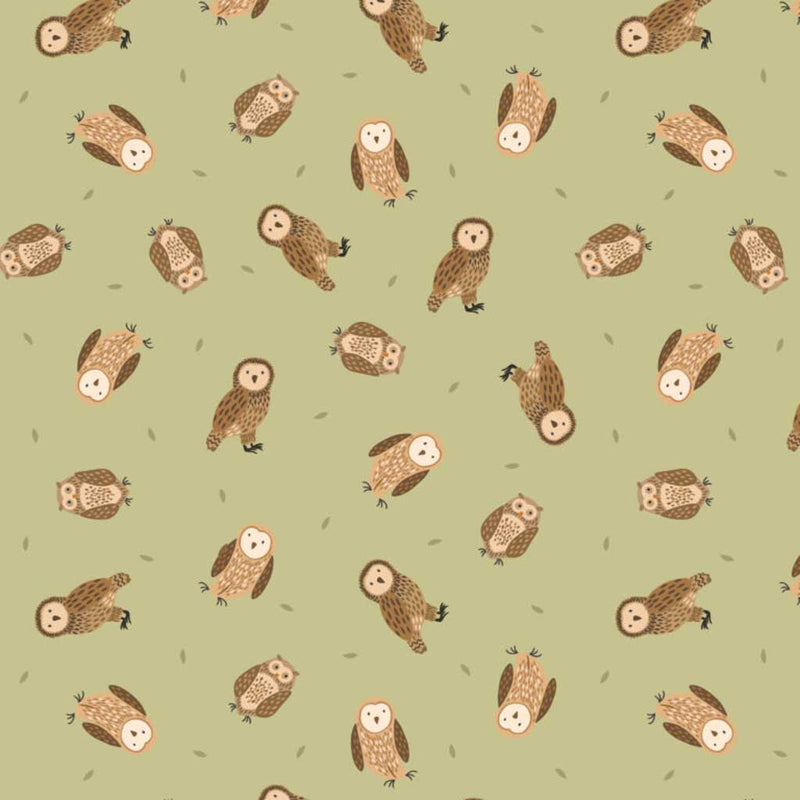 Pattern of cartoon owls on a light green cotton quilting fabric