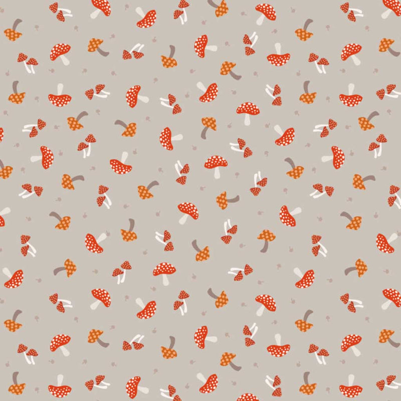 Pattern of red and orange mushrooms on a gray cotton quilting fabric
