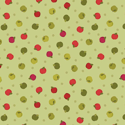 Pattern of red and green apples on a light green cotton quilting fabric with small dots.