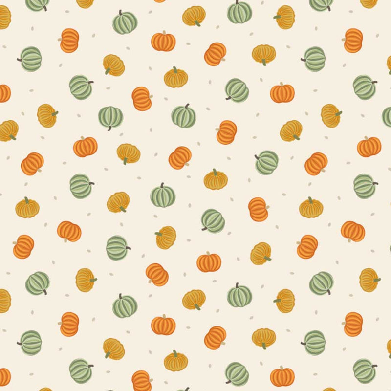 Pattern of pumpkins and gourds on a beige cotton quilting fabric