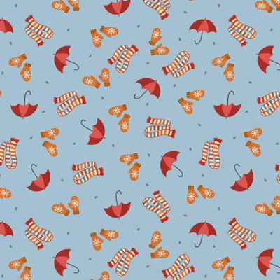 Pattern of red umbrellas, orange gloves, and striped socks on a blue cotton quilting fabric.