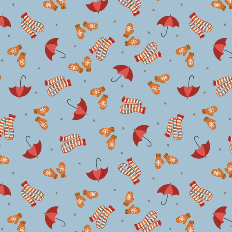 Pattern of red umbrellas, orange gloves, and striped socks on a blue cotton quilting fabric.