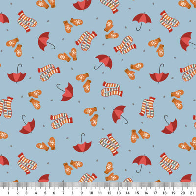 Pattern of red umbrellas, orange mittens, and striped scarves on a blue cotton quilting fabric.