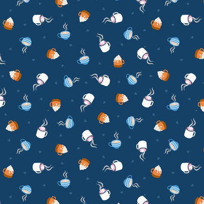 Pattern of coffee cups and related items on a blue cotton quilting fabric