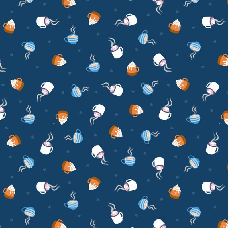 Pattern of coffee cups and related items on a blue cotton quilting fabric