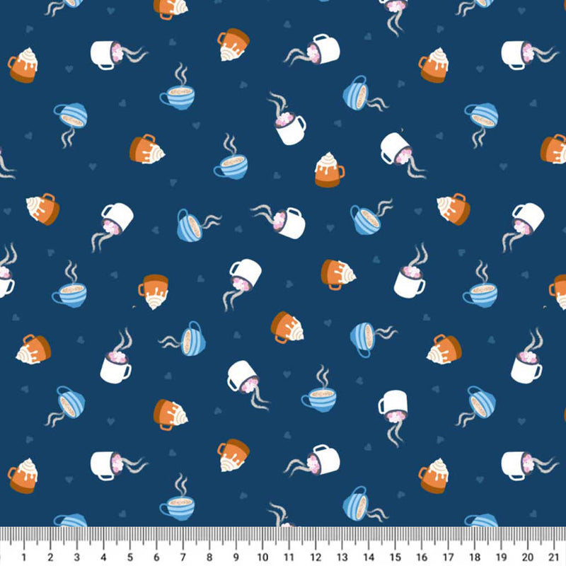 Pattern of coffee cups and saucers on a blue cotton quilting fabric with a ruler at the bottom.