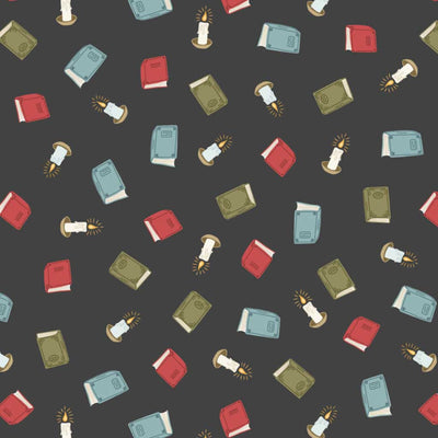 Pattern of books and candles on a dark cotton quilting fabric
