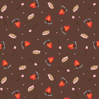 Pattern of campfire, marshmallows, and leaves on a brown cotton quilting fabric