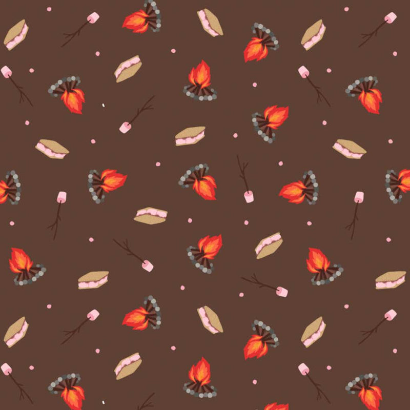 Pattern of campfire, marshmallows, and leaves on a brown cotton quilting fabric