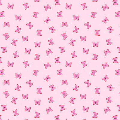 Deep pink and red butterflies fluttering among a contrasting baby pink 100% cotton fabric