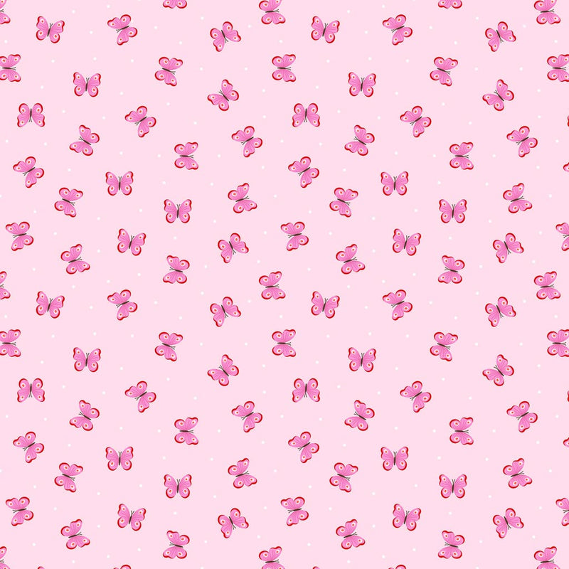 Deep pink and red butterflies fluttering among a contrasting baby pink 100% cotton fabric