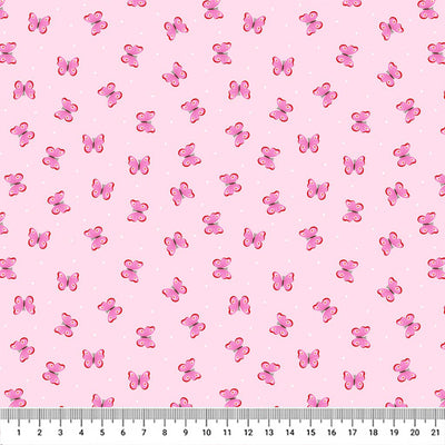 Deep pink and red butterflies fluttering among a contrasting baby pink 100% cotton fabric with a cm ruler