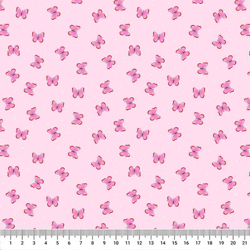 Deep pink and red butterflies fluttering among a contrasting baby pink 100% cotton fabric with a cm ruler