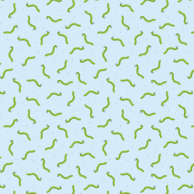 Bright green caterpillars wriggling along a beautiful blue 100% cotton fabric