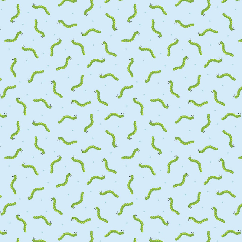 Bright green caterpillars wriggling along a beautiful blue 100% cotton fabric