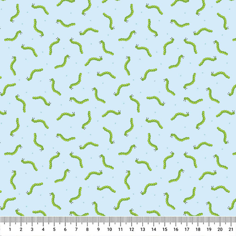 Bright green caterpillars wriggling along a beautiful blue 100% cotton fabric with a cm ruler