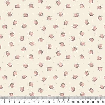 Miniature snails sliding along a light grey 100% cotton fabric with a cm ruler