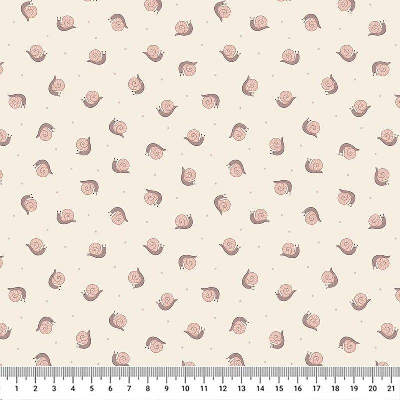 Miniature snails sliding along a light grey 100% cotton fabric with a cm ruler