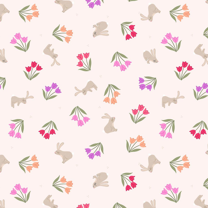 Tulip bunches in pinks and purples scattered around grey bunnies on a cream 100% cotton fabric