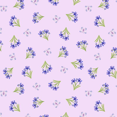 Blue and white butterflies fluttering around delicate blue irises on an 100% cotton fabric