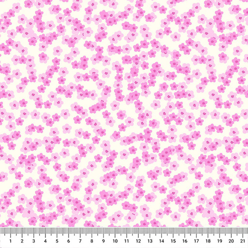 Pretty pink shaded blossoms scattered across a white 100% cotton fabric with a cm ruler